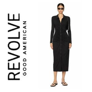 NWT Good American Good Touch Button Front Ruched Midi Dress Black